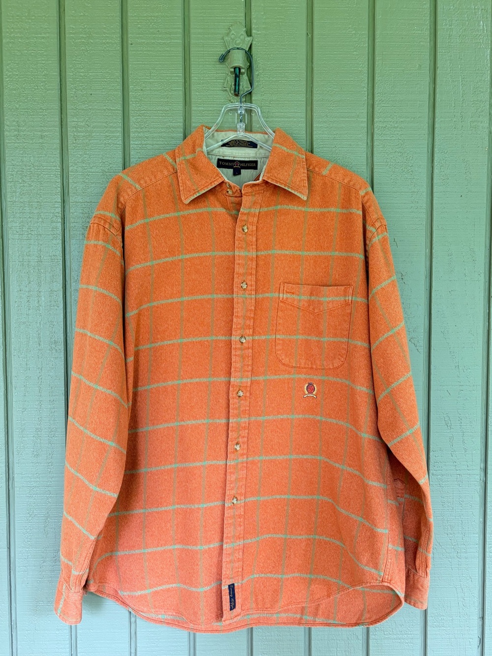VTG 90s Tommy Hilfiger Crest Logo Plaid Shirt Mens Large Green Orange Button Up